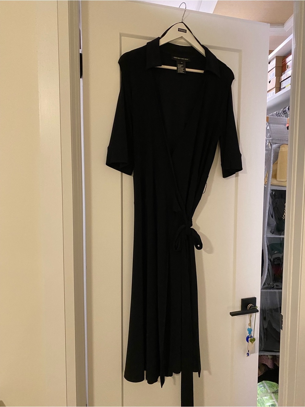 Jones New York Black Midi Wrap Dress with Collared V-Neck